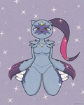 anthro arm_tuft breasts chest_gem eyelashes facial_markings fangs featureless_breasts featureless_crotch female fingers forehead_gem front_view fur gem grey_body grey_fur head_markings kneeling looking_at_viewer markings open_mouth open_smile pokemorph purple_background red_eyes shoulder_tuft simple_background small_breasts smile solo sparkles teeth thick_thighs tuft wide_hips canacrow nintendo pokemon generation_8_pokemon pokemon_(species) sneasler 2024 digital_media_(artwork) hi_res