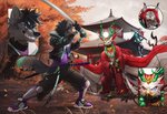 anthro autumn bottomwear building clothed clothing detailed_background energy fight footwear fur group heterochromia male melee_weapon open_mouth outside plant scenery shoes shorts sword temple tree warrior weapon wings el-ricado orphen-sirius avian canid canine mammal 2020 artist_collaboration