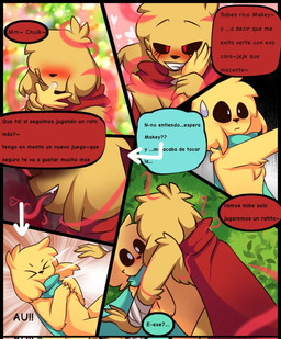 age_difference anthro black_sclera blush dialogue dominant femboy grass heart_symbol larger_dom layered_clothing layered_heart male male/male nature nervous onomatopoeia outside plant red_eyes romantic romantic_ambiance romantic_couple rope size_difference sound_effects suggestive text yellow_body yakav mike.exe mikecrack canid canine canis domestic_dog hybrid mammal comic hi_res spanish_text translated