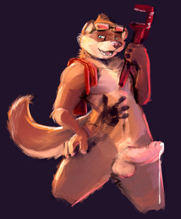 anthro balls blue_eyes bodily_fluids brown_body brown_fur cum erection eyewear foreskin fur genital_fluids genitals goggles holding_object holding_tool humanoid_genitalia humanoid_penis looking_at_viewer male mechanic nude penis pipe_wrench simple_background solo tools worker wrench aleron domestic_ferret mammal mustelid musteline true_musteline weasel 2016