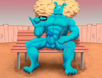 anthro balls bench blue_body blue_penis chain collar erection genitals looking_at_viewer male muscular muscular_male nude on_bench outside penis plant sitting sitting_on_bench smile smiling_at_viewer smirk smug_face solo tree offsenkai monica's_gang blu_(monica's_gang) canid canine canis domestic_dog mammal absurd_res digital_media_(artwork) hi_res source_request