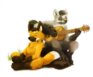 acoustic_guitar anthro arm_tuft biped black_body black_fur black_hair black_nose brown_body brown_ears brown_fur brown_hair chest_tuft dark_body dark_fur dipstick_tail duo eyes_closed front_view fur gloves_(marking) grass grey_body grey_ears grey_fur guitar hair inner_ear_fluff leg_markings male markings musical_instrument neck_tuft plant playing_guitar playing_music plucked_string_instrument rock short_hair shoulder_tuft simple_background sitting smile socks_(marking) string_instrument tail tail_markings tuft white_body white_fur white_inner_ear_fluff yellow_body yellow_fur yookie canid canine mammal maned_wolf