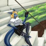 5_fingers anthro blonde_hair blue_body blue_skin book clothed clothing female fingers hair hairs solo octipop uri_bennet_(ryltar) fish marine shark 1:1 2020 hi_res