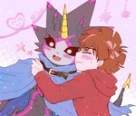 anthro belt blade blush brown_hair cape clothing duo hair heart_symbol hoodie horn human_on_anthro interspecies kissing_cheek male male/male pink_background simple_background tail tail_blade topwear weapon_tail asaridaton bandai_namco digimon digimon_ghost_game hiro_amanokawa digimon_(species) gulusgammamon human mammal scalie