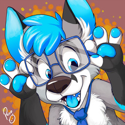 abstract_background anthro black_body black_fur black_markings blue_eyes blue_hair blue_necktie blue_pawpads eyewear fingerpads front_view fur glasses glistening glistening_eyes grey_body grey_fur hair happy logo looking_at_viewer male male_anthro markings necktie open_mouth open_smile pawpads rectangular_glasses short_hair smile solo white_body white_fur pandapaco canid canine fox mammal 1:1 artist_logo bust_portrait portrait signature