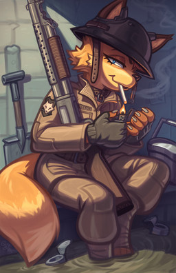 5_fingers anthro armor belt blue_eyes brown_belt brown_body brown_collar brown_ears brown_fur brown_nose cigarette cigarette_holder claws clothing collar dipstick_tail eyelashes finger_claws fingerless_gloves fingers foxhole_(war) fur gloves gun hair handwear headgear helmet holding_gun holding_object holding_ranged_weapon holding_weapon lighter looking_at_viewer male markings military_uniform multicolored_body multicolored_fur narrowed_eyes orange_body orange_fur ranged_weapon shotgun shovel sitting smoke smoke_from_mouth smoking solo tail tail_markings text tin_can tools uniform water weapon zippo_lighter goobone thebestfox canid canine fox mammal 2025 artist_name english_text hi_res