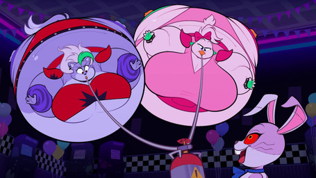 anthro female female/female group hose hose_in_mouth hose_inflation inflation trio ridiculouscake five_nights_at_freddy's five_nights_at_freddy's:_security_breach scottgames steel_wool_studios glamrock_chica roxanne_wolf vanny_(fnaf) animated hi_res short_playtime sound video voice_acted