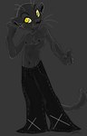 5_fingers anthro baggy biped black_body black_fur bottomwear clothed clothing ear_piercing fingers front_view fur grey_background looking_at_viewer male melanistic navel nipples oversized_bottomwear oversized_clothing oversized_pants pants piercing rave rave_pants raver simple_background solo standing tail topless whiskers yellow_eyes zeriara fitzgerald felid mammal pantherine guide_lines