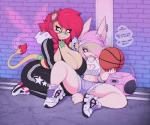 anthro ball basketball_(ball) beverage big_breasts blonde_hair boombox bottle bottomwear bra breasts brick_wall chav cleavage cleavage_cutout clothed clothing collar container curvy_figure cutout dialogue duo ear_piercing ebonics electronics female footwear hair heart_keyhole_bra heart_keyhole_clothing huge_breasts kerchief keyhole_bra keyhole_clothing keyhole_underwear piercing radio red_hair shoes shorts slang sports_bra text thick_thighs tracksuit underwear voluptuous wall_(structure) water_bottle wide_hips smokyjai apes_(apes) arin_(kragnos1302) felid lagomorph leporid lion mammal pantherine rabbit 2018 digital_media_(artwork) english_text hi_res