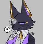 anthro bandage black_body black_clothing black_fur clothed clothing empty_eyes eyewear fur long_ears male monocle purple_eyes question_mark simple_background solo mozibyoziy dislyte lilith_games drew_(dislyte) anubian_jackal canid canine canis jackal mammal absurd_res hi_res