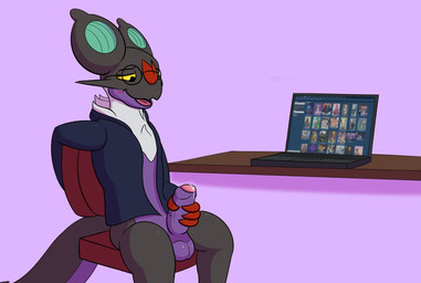anthro anthrofied balls black_eyes blush bodily_fluids bottomless chair claws clothed clothing computer electronics erection eyewear furniture genital_fluids genitals glasses hand_on_penis hoodie humanoid_genitalia humanoid_penis laptop male masturbation open_mouth penis pink_background pokemorph precum simple_background sitting solo tongue topwear yellow_sclera dabelette e621 nintendo pokemon dabelette_(character) fan_character generation_6_pokemon noivern pokemon_(species) 2020 absurd_res hi_res