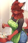 anthro apron big_breasts blush breasts brown_hair clothed clothing cooking domestic_scene female female_anthro food fully_clothed fur hair inside kemono looking_at_viewer open_mouth red_body red_fur smile solo yellow_eyes suurin_2 franchesca_(garasaki) canid canine fox mammal absurd_res digital_media_(artwork) hi_res shaded