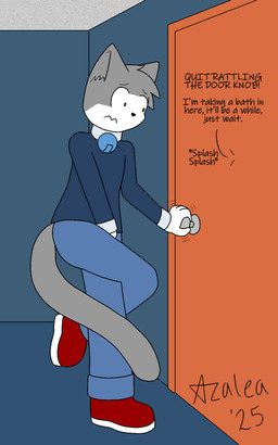 anthro clothing crossed_legs desperation door footwear hands_on_crotch holding_crotch locked male omorashi pee_desperation pee_holding red_clothing red_footwear red_shoes shoes flamingazalea vg_cats leo_(vg_cats) domestic_cat felid feline felis mammal 5:8 hi_res
