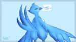 anthro anus beak blue_body blue_eyes blue_feathers breasts butt dialogue feathers female genitals looking_at_viewer looking_back nipples non-mammal_breasts non-mammal_nipples pussy rear_view solo speech_bubble text twitter_logo blitzpitz twitter tweetfur avian bird 16:9 blue_and_white english_text hi_res meme monochrome widescreen