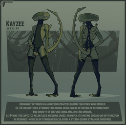3_toes 4_fingers anthro anus balls border clothing crossdressing_male erectile_dysfunction feet femboy fingers flaccid genitals green_body green_border green_skin legwear long_tail male penis solo stockings tail text toes translucent translucent_clothing petresko alien_(franchise) kayzee_(kanekasier) alien xenomorph english_text model_sheet