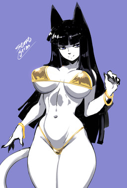 5_fingers anthro bangs big_breasts bikini black_hair black_nails bracelet breasts cleavage clothed clothing colored_nails curvy_figure female fingers fur gold_bikini hair hourglass_figure jewelry long_hair long_nails midriff nails navel purple_background purple_eyes sharp_nails simple_background smile solo standing swimwear triangle_bikini two-piece_swimsuit white_body white_fur sem-l-grim golden_week kaylie_(sem-l-grim) domestic_cat felid feline felis mammal 2026 hi_res signature