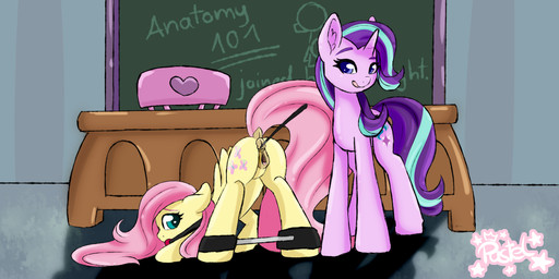 anus ball_gag bdsm bondage bound chalkboard classroom clitoral_winking clitoris cutie_mark dock_(anatomy) duo feathered_wings feathers female feral furniture gag genitals hair horn information_board inside looking_at_viewer multicolored_hair presenting presenting_anus presenting_vulva restraints school spread_legs spread_vulva spreader_bar spreading table tail text two_tone_hair vulva wings pastel-pony-princess friendship_is_magic hasbro my_little_pony mythology fluttershy_(mlp) starlight_glimmer_(mlp) equid equine mammal mythological_creature mythological_equine pegasus unicorn 2018 2:1 absurd_res english_text hi_res