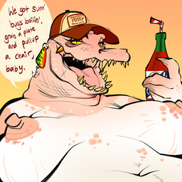 anthro baseball_cap bottle breasts clothed clothing container dialogue drinking_straw ear_piercing ear_ring female food gold_(metal) gold_tooth gradient_background hat headgear headwear holding_bottle holding_container holding_object hot_sauce leucistic mature_anthro mature_female navel nipples non-mammal_breasts non-mammal_navel non-mammal_nipples overweight overweight_anthro overweight_female piercing pink_body pink_scales ring_piercing scales sharp_teeth simple_background snaggle_teeth solo suntan tan_line tanned teeth text topless topless_anthro topless_female white_body white_scales yellow_sclera glacierclear beatrix_(glacierclear) alligator alligatorid crocodilian reptile scalie 1:1 2025 colored digital_drawing_(artwork) digital_media_(artwork) english_text hi_res