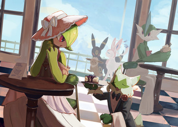 ambiguous_gender anthro beverage black_body blue_eyes bow_(anatomy) bow_ribbon bow_tie brown_body brown_eyes cake claws clothing cloud coffee dairy_products dessert dipstick_tail dress eyelashes eyes_closed fangs feral food fur green_body green_fur green_pseudo_hair group hat headgear headwear holding_food holding_object markings open_mouth pseudo_hair red_eyes restaurant ribbons_(anatomy) ring_(marking) size_difference sky tail tail_markings teeth text waiter whipped_cream white_body chufflepop nintendo pokemon eevee eeveelution felid feline floragato gallade gardevoir generation_1_pokemon generation_2_pokemon generation_3_pokemon generation_4_pokemon generation_6_pokemon generation_9_pokemon humanoid mammal pokemon_(species) sylveon umbreon 2026 english_text hi_res