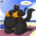 anthro beach big_breasts bikini breasts chrisandcompany clothing cooler dialogue domestic_cat felid feline felis female hi_res huge_breasts huge_thighs mammal obese obese_female overweight overweight_female sasha_(chrisandcompany) solo swimwear thick_thighs two-piece_swimsuit