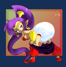 bandeau bedlah bent_over big_diaper blue_eyes clothed clothing diaper ear_piercing ear_ring exposed_diaper female gold_accessory hair looking_back not_furry open_mouth partially_clothed piercing pointy_ears pointy_shoes purple_hair ring_piercing smug solo striptease teasing tied_hair topwear underwear underwear_down rinonno shantae_(series) wayforward shantae half_genie absurd_res alpha_channel hi_res