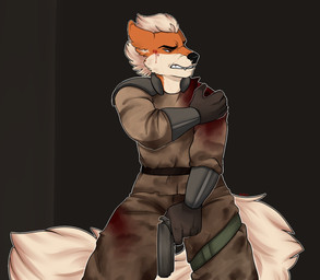 anthro anthrofied blood bodily_fluids clothed clothing fangs gun handgun male pistol pokemorph ranged_weapon solo standing teeth weapon wounded redpixie nintendo pokemon arcanine canid canine generation_1_pokemon mammal pokemon_(species)