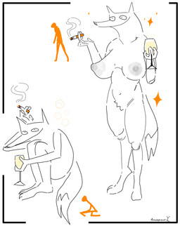 anthro beverage big_breasts breasts cigarette crotch_tuft crouching demonstration female holding_beverage holding_cigarette holding_object sagging_breasts solo tail tuft woflina armedantagonist 4chan canid canine canis mammal wofl wolf absurd_res hi_res