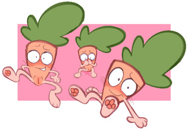 blush female genitals not_furry paws simple_background sitting smile solo teeth vulva clockstops3am conditional_dnp object_shows animate_inanimate humanoid living_carrot hi_res