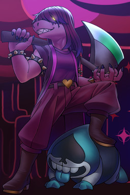 5_fingers all_fours axe belt blue_tongue boots bottomwear bracelet breasts claws clothed clothing dominant dominant_female duo female fingers footwear fully_clothed glowing glowing_eyes hair heart_symbol jewelry male melee_weapon open_mouth pants pink_body purple_clothing purple_hair purple_topwear shoes spiked_bracelet spikes submissive submissive_male tomboy tongue topwear weapon katahane3 deltarune undertale_(series) lancer_(deltarune) susie_(deltarune) darkner reptile scalie 2:3 hi_res