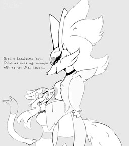 3_fingers anthro areola bite_mark bodily_fluids breast_play breast_suck breastfeeding breasts bruised buckle choker claws collar dominant duo eyelashes eyeliner female female_anthro feral fingers fluffy hickey holding_face inner_ear_fluff jewelry kiss_mark lactating larger_anthro larger_female looking_down makeup male male/female mature_anthro mature_female medium_breasts mommy_kink necklace nipples size_difference sucking text tuft blitzpitz nintendo pokemon delphox generation_5_pokemon generation_6_pokemon mienshao pokemon_(species) absurd_res english_text hi_res monochrome