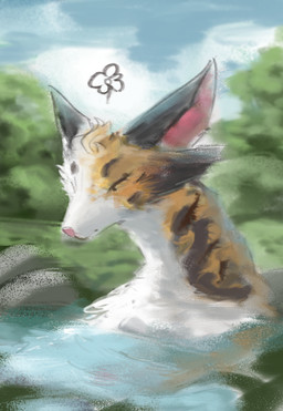 anthro calico_pattern ears_up eyebrows eyes_closed fur fur_markings male markings multi_eye orange_body orange_fur pink_nose reflection simple_background solo white_body key_rooki reggie_(key_rooki) canid canine mammal hi_res