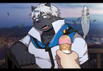 anthro belly big_belly black_body black_nose blue_eyes blush clothing dessert food hair humanoid_hands ice_cream kemono male outside overweight overweight_male shirt solo_focus text topwear white_hair m_ikky vtuber kokuba_hoeguro canid canine mammal 2022 hi_res japanese_text