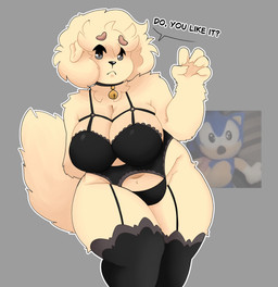 anthro bell bell_collar big_breasts black_collar black_eyes black_nose bra breasts brown_eyebrows clothing collar eyebrows female fluffy fluffy_tail fur glistening glistening_eyes hair lingerie long_tail plushie short_hair solo tail tan_body tan_ears tan_fur tan_hair tan_tail text thick_eyebrows thick_thighs underwear skibanana sega sonic_the_hedgehog_(series) jessica_(skibanana) sonic_the_hedgehog canid canine canis domestic_dog mammal absurd_res english_text hi_res