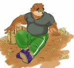 anthro belly bottomwear brown_body brown_fur bulge clothing eyewear fur glasses kemono male overweight overweight_male pants shirt sitting solo topwear ononokomachiimo lifewonders tokyo_afterschool_summoners volos_(tas) bear mammal 2022