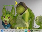 blep blursed_image bodily_fluids caught_in_the_act clothed clothing costume dialogue frown fur fursuit grey_background hair holding_object humor kerchief male neckerchief neckwear offscreen_character simple_background solo standing sweat text tongue tongue_out tuft dr.whiger dreamworks shrek_(series) princess_fiona shrek_(character) canid canine canis humanoid mammal ogre wolf 2022 english_text hi_res watermark