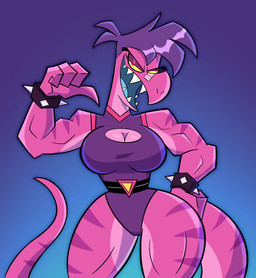 anthro biceps big_breasts bracelet breasts cleavage_cutout clothed clothing cutout female gesture hair hand_gesture hand_on_hip jewelry leotard looking_at_viewer muscular muscular_anthro muscular_female muscular_thighs open_mouth pink_body pink_scales pointing pointing_at_self purple_hair scales sharp_teeth short_hair solo spiked_bracelet spikes teeth toony roy_amuruz reptile scalie hi_res