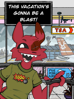 aircraft airplane airport anthro city city_background clothing cloud cloudy_sky control_tower eye_scar facial_scar female fur grey_cloud humor looking_at_viewer luggage print_clothing print_shirt print_t-shirt print_topwear red_body red_fur scar sharp_teeth shirt sky smile solo t-shirt teeth text text_box topwear vehicle damianfullyreversed rain_world videocult artificer_(rain_world) slugcat 3:4 english_text hi_res