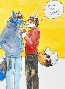 anthro black_bottomwear black_clothing black_hair black_pants blood blue_body blue_bottomwear blue_clothing blue_fur blue_hoodie blue_pants blue_topwear blush bodily_fluids bottomwear brown_hair cheek_tuft clothed clothing duo empty_eyes facial_tuft fluffy fluffy_tail fur grey_body grey_fur hair hoodie male neck_tuft nosebleed open_mouth open_smile pants red_clothing red_sweater red_topwear side_view simple_background smile speech_bubble standing sweater tail tail_motion tailwag text three-quarter_view topwear torn_bottomwear torn_clothing torn_pants tuft unsigned akatan_art canid canine canis fox mammal wolf english_text traditional_media_(artwork)