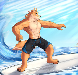 abs anthro biceps black_clothing bottomwear chest_tuft claws clothing ears_up fluffy fur looking_aside male muscular muscular_male orange_body orange_fur outside paws pecs sand sea shorts side_view sky solo surfboard surfing swimming_trunks swimwear tail triceps tuft umbrella water ayato_kamata otake canid canine canis domestic_dog mammal absurd_res hi_res watermark
