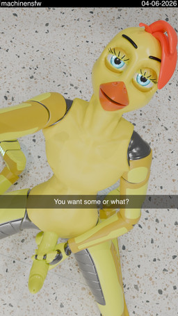 anthro balls beak big_balls big_penis bioluminescence blue_eyes crossgender cuff_(restraint) erection eyebrows eyelashes floor ftm_crossgender genitals glowing grin grinning_at_viewer hair kneeling kneeling_on_floor looking_at_viewer machine male masturbation metal_cuffs orange_hair penis restraints selfie smile smiling_at_viewer smirk solo text yellow_body machinensfw disembowell_(modeler) red-eye_(modeler) five_nights_at_freddy's five_nights_at_freddy's_2 scottgames snapchat toy_chica_(fnaf) animatronic avian bird chicken galliform humanoid phasianid robot 3d_(artwork) 9:16 blender_(artwork) blender_cycles_(artwork) digital_media_(artwork) english_text hi_res