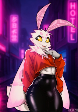 4_arms antennae_(anatomy) anthro black_sclera bulge city city_background city_lights clothed clothed_male clothing cropped_sweater femboy fur hair leggings legwear looking_at_viewer male male_anthro multi_arm multi_limb red_clothing smile solo topwear white_body wings yellow_eyes cerezo mothy_(cerezo) arthropod insect lepidopteran moth digital_media_(artwork) hi_res male_(lore)