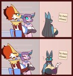 angry anthro awoo big_breasts bow_tie breasts clothed clothing ear_piercing female huge_breasts humor inside piercing skimpy text r-mk nintendo pokemon delphox_waitress espeon_matchmaker_(r-mk) lucario_dealer canid canine canis delphox eeveelution espeon generation_2_pokemon generation_4_pokemon generation_6_pokemon lucario mammal pokemon_(species) comic_sans english_text