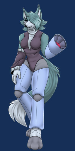 3_toes anthro arm_cannon arm_warmers armwear blue_body blue_eyes blue_tail breasts clothing cybernetic_arm cybernetic_leg cybernetic_limb dipstick_tail feet female leotard markings medium_breasts one_eye_obstructed pointy_ears ranged_weapon solo tail tail_markings toes weapon weapon_arm white_tail_tip wirwik fetel_the_fox canid canine fox mammal absurd_res alpha_channel hi_res