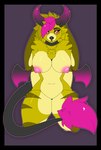 anthro big_breasts black_border black_collar blonde_hair border breasts bright_pupils collar demonic female fur hair hands_behind_back horn kneeling looking_at_viewer membrane_(anatomy) membranous_wings nipples nude nude_anthro nude_female outline pink_eyes pink_hair puffy_nipples purple_background purple_horn purple_wings simple_background solo springy_(springycharna) striped_body striped_fur striped_thighs stripes tail thick_thighs tuft white_outline wings yellow_body yellow_fur springycharna demon demon_rabbit lagomorph leporid mammal rabbit absurd_res digital_drawing_(artwork) digital_media_(artwork) hi_res