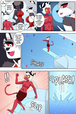 2_horns anthro black_body black_fur black_hair breasts dialogue female fingers freckles fur grey_hair group hair horn lifeguard lifeguard_swimsuit male open_mouth red_sclera speech_bubble tail text water white_body white_eyes white_fur white_hair yellow_sclera carliabot hellaverse helluva_boss mythology gigi_(helluva_boss) loona_(helluva_boss) moxxie_(helluva_boss) canid canid_demon canine demon hellhound humanoid imp mammal mythological_canine mythological_creature 2025 2:3 comic english_text hi_res