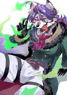 anthro bottomwear clothing colored_fire eyewear fancy_clothing fire fluffy fluffy_tail fur green_clothing green_fire green_topwear grey_body grey_fur hair handwear kemono kerchief leg_belt looking_at_viewer male monocle multicolored_body multicolored_fur neckerchief neckwear pants purple_hair simple_background solo tail tongue tongue_out topwear two_tone_body two_tone_fur white_body white_bottomwear white_clothing white_fur white_pants yellow_eyes kaorunrun0608 compass_(combat_providence_analysis_system) charles_richter_(compass) canid canine canis mammal wolf 2026 hi_res