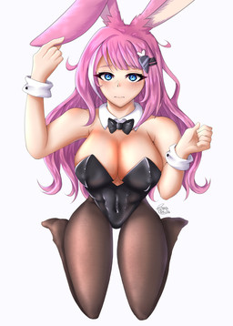 accessory animal_ears bare_shoulders big_breasts black_clothing black_leotard blue_eyes bow_tie breasts bunny_costume carrot_hairclip clothing costume cuffs_(clothing) eyelashes female hair hair_accessory hairclip kneeling legwear leotard long_hair looking_at_viewer navel_outline nipple_outline pantyhose pink_hair rabbit_ears simple_background solo strapless_clothing strapless_leotard thick_eyelashes white_background dragoneko06 kuyoko_yuki animal_humanoid humanoid lagomorph lagomorph_humanoid leporid leporid_humanoid mammal mammal_humanoid rabbit rabbit_humanoid hi_res