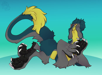 4_toes anthro big_feet big_tail claws fangs feet fluffy fluffy_tail fur green_body green_fur grey_body grey_fur hand_on_face huge_feet hyper hyper_feet long_tail lying male pawpads paws red_eyes simple_background smile solo tail teeth toe_claws toes yellow_body yellow_fur nika_vizard brom_(sahurus) sergal taur hi_res