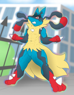 angry anthro blue_body blue_fur city dreadlocks fangs fur glowing glowing_eyes grey_body grey_fur male muscular muscular_anthro muscular_male navel outside red_body red_eyes red_fur solo spikes spikes_(anatomy) standing tan_body tan_fur teeth kamek_sans nintendo pokemon canid canine generation_6_pokemon mammal mega_evolution mega_lucario pokemon_(species) hi_res