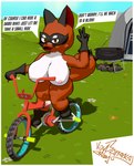 3d_(artwork) absurd_res anthro areola bicycle big_breasts black_body black_fur blender_(artwork) breasts canid canine cel_shading cycling dialogue digital_media_(artwork) english_text female fur generation_8_pokemon hi_res looking_at_viewer mammal nintendo nipples nude orange_body orange_fur outline outside pokemon pokemon_(species) pokemon_camp riding_bike shaded smile solo speech_bubble tail tent text thick_thighs thievul vehicle voy_barranca_abajo white_body white_fur wide_hips